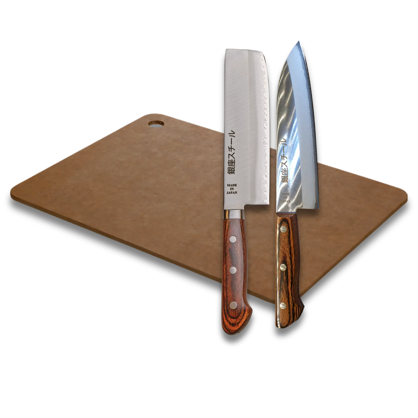 Ginza Steel X201 Kitchen Set: Japanese Knives with Antibacterial Board
