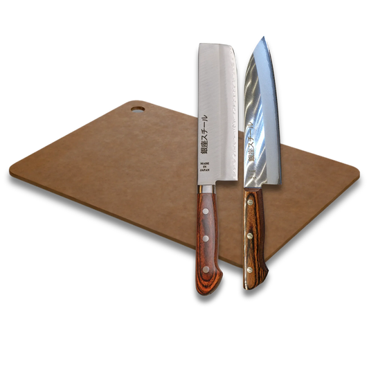 Ginza Steel X201 Kitchen Set: Japanese Knives with Antibacterial Board